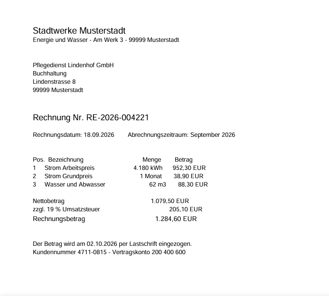 Originalbeleg im Belegeingang: Rechnung der fiktiven Stadtwerke Musterstadt, Rechnungsnummer RE-2026-004221, Rechnungsdatum 18.09.2026, drei Positionen, Rechnungsbetrag 1.284,60 Euro.