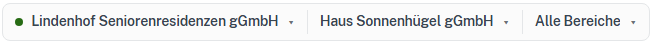 Kopfleiste mit der Auswahl „Lindenhof Seniorenresidenzen gGmbH“, Gesellschaft „Haus Sonnenhügel gGmbH“ und „Alle Bereiche“.