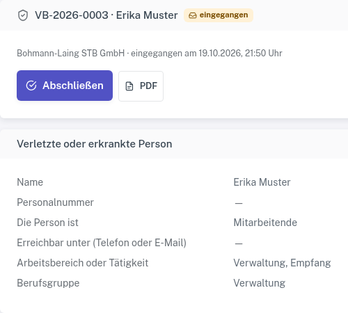 Akte VB-2026-0003 in CURALYS mit Status „eingegangen“, den Schaltflächen „Abschließen“ und „PDF“ und den Angaben zur verletzten Person (Musterdaten).
