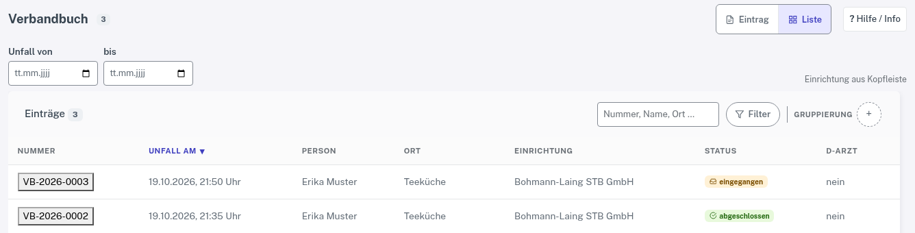 Liste „Verbandbuch“ in CURALYS mit Filtern für Status, Suche, Filter und Gruppierung und zwei Einträgen der Musterperson Erika Muster: VB-2026-0003 „eingegangen“ und VB-2026-0002 „abgeschlossen“, jeweils Ort Teeküche, Einrichtung Bohmann-Laing STB GmbH.